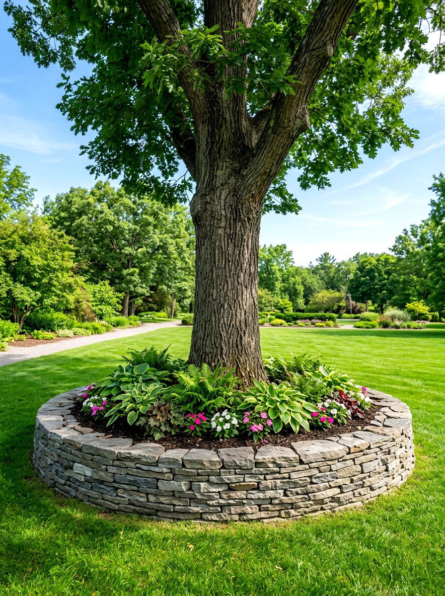 Stacked stone tree ring garden - 30 flower bed around tree ideas