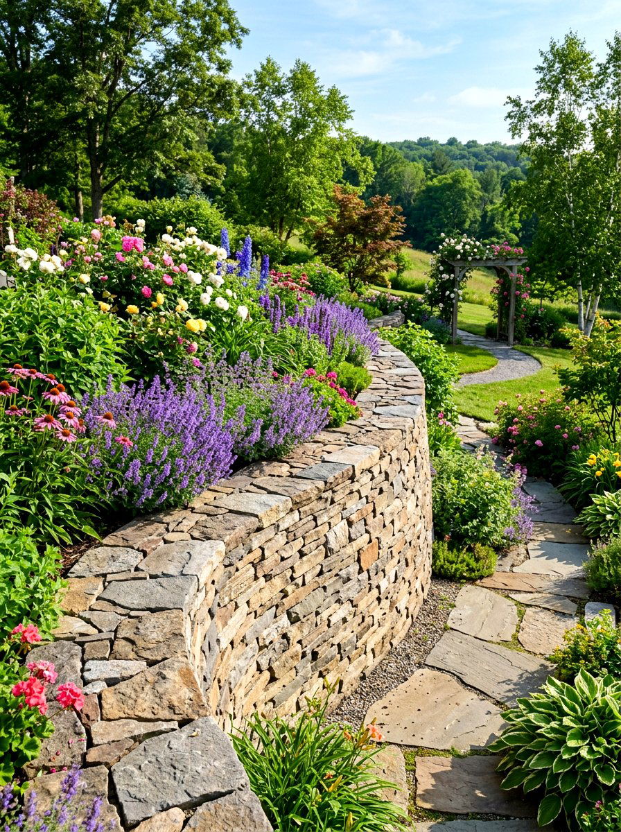 Stacked stone wall - 30 cabin backyard landscaping ideas