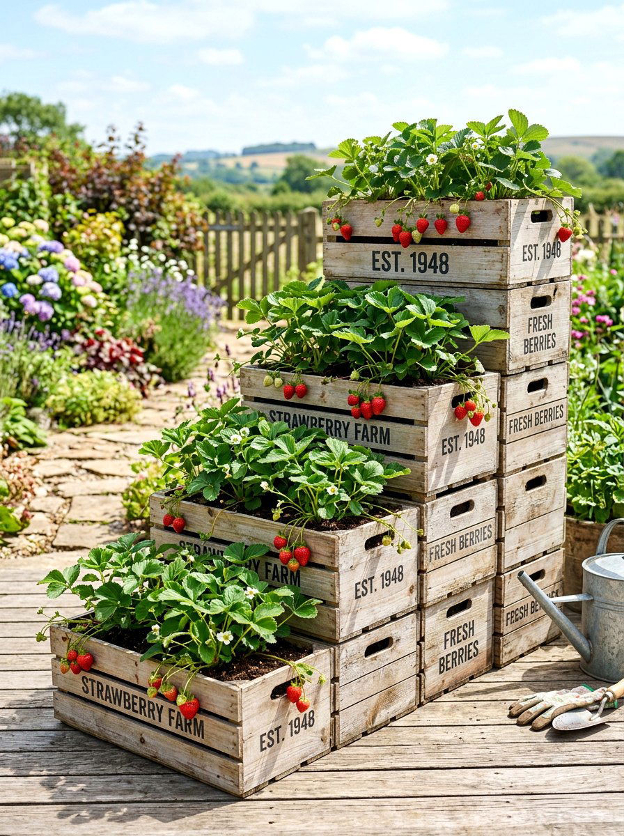 Stacked strawberry crate - 30 strawberry planter ideas