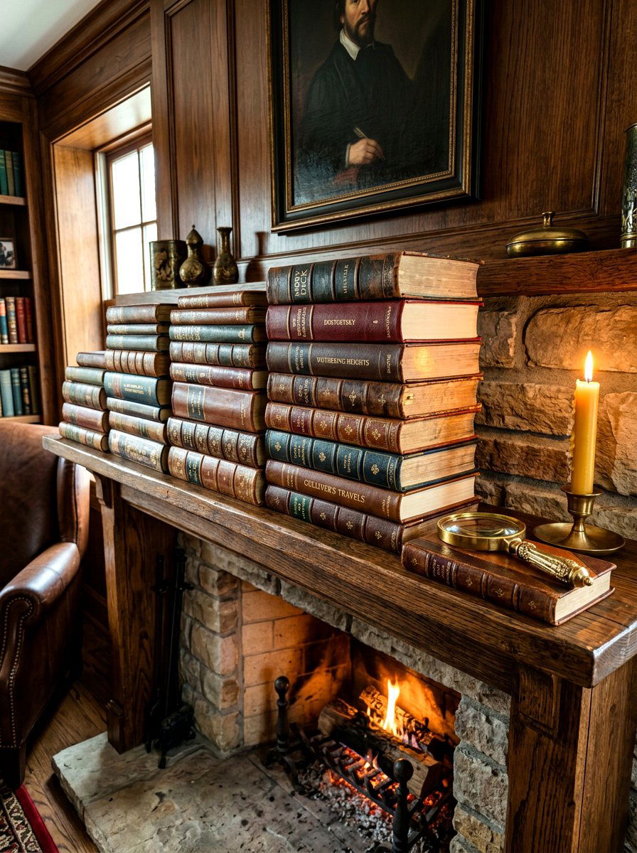 Stacked vintage books - 30 moody mantel fall ideas