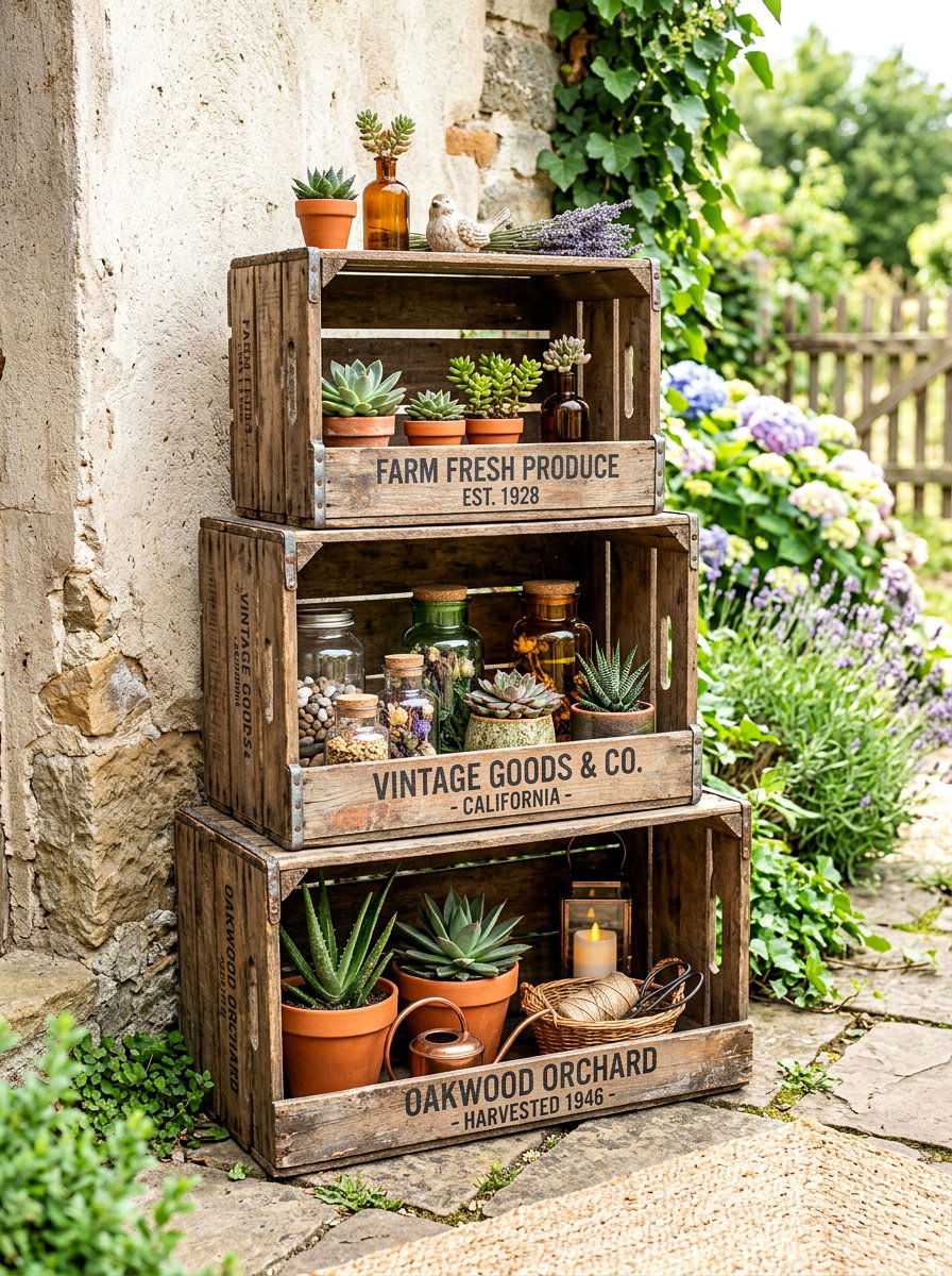 Stacked vintage crates - 30 porch corner decor ideas