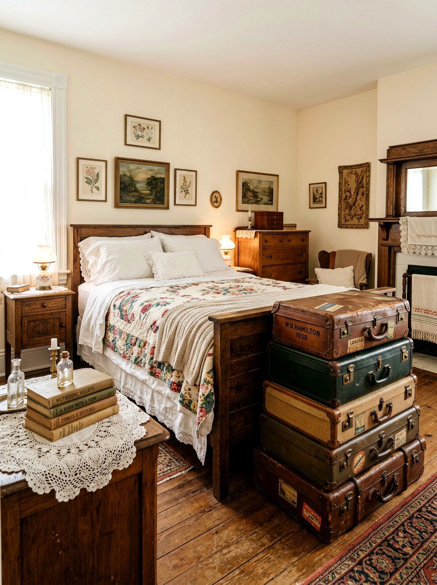 Stacked vintage suitcases - 30 grandma core bedroom ideas