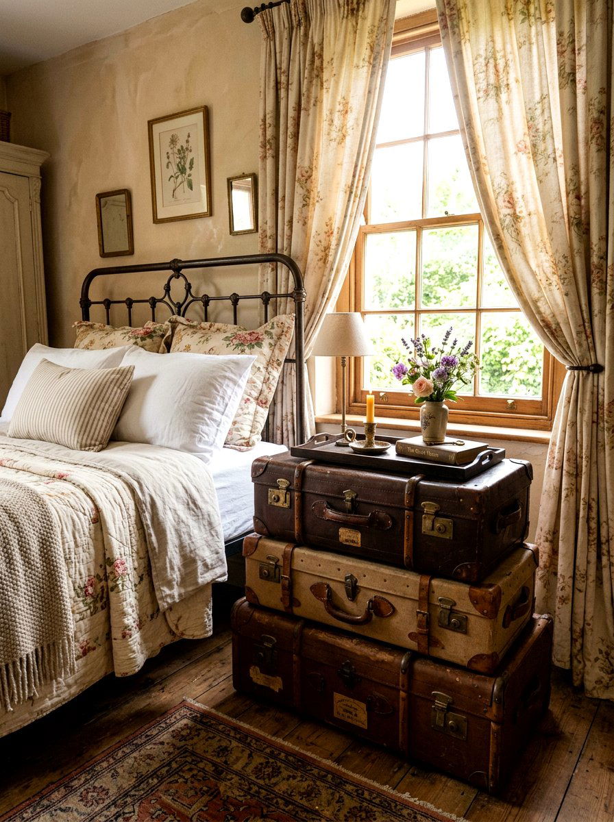 Stacked vintage trunks - 30 romantic cottage bedroom ideas