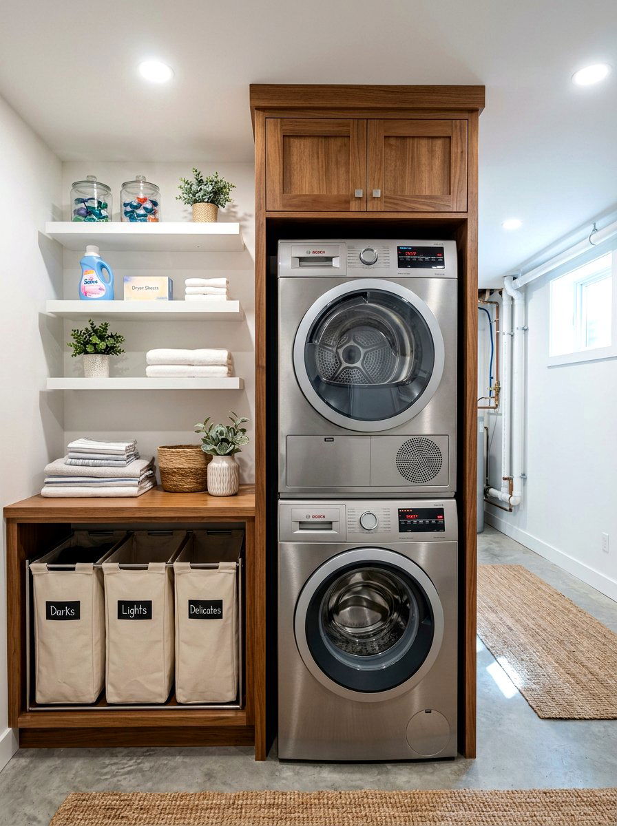 Stacked washer and dryer basement - 30 basement laundry area ideas