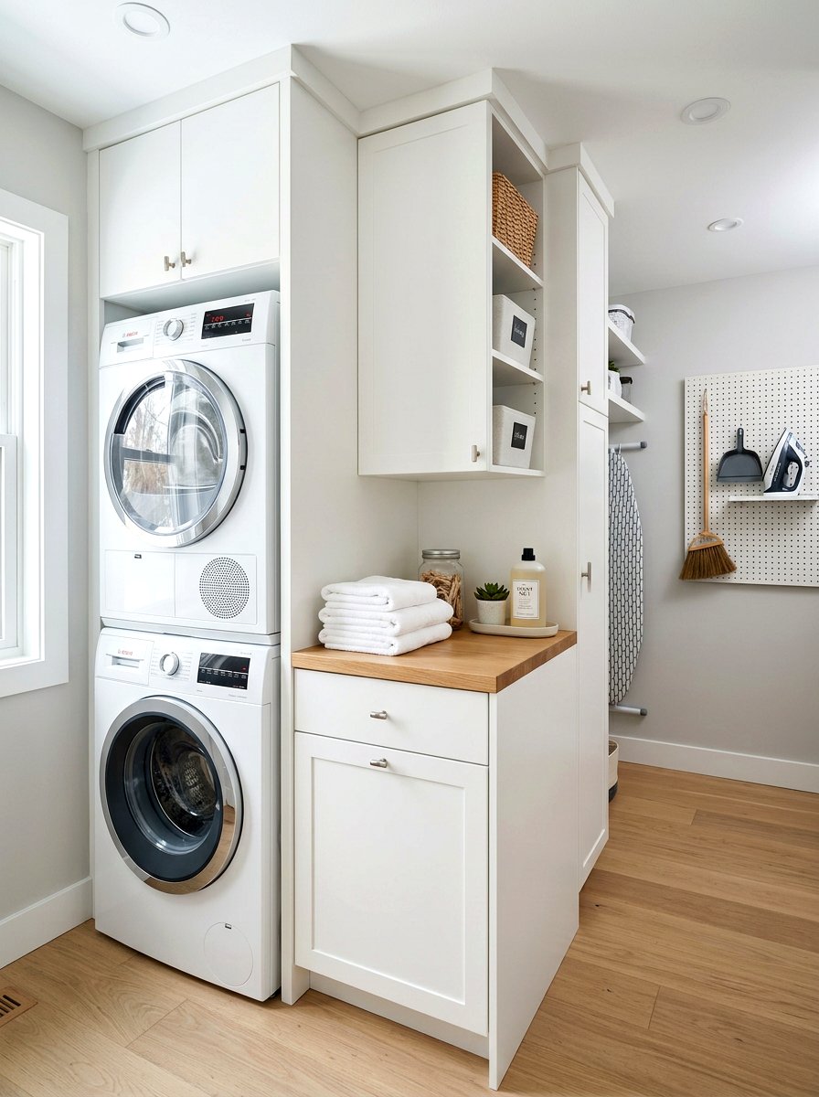 Stacked washer dryer folding station - 30 laundry room folding station ideas