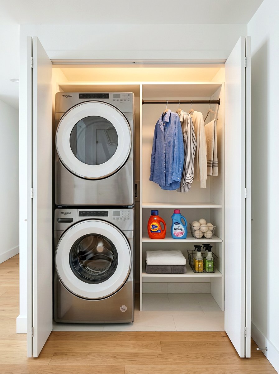 Stacked washer dryer laundry rod - 30 laundry room hanging rod ideas
