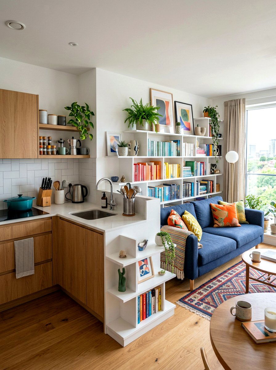 Staggered Shelf Height - 30 studio apartment divider shelf ideas