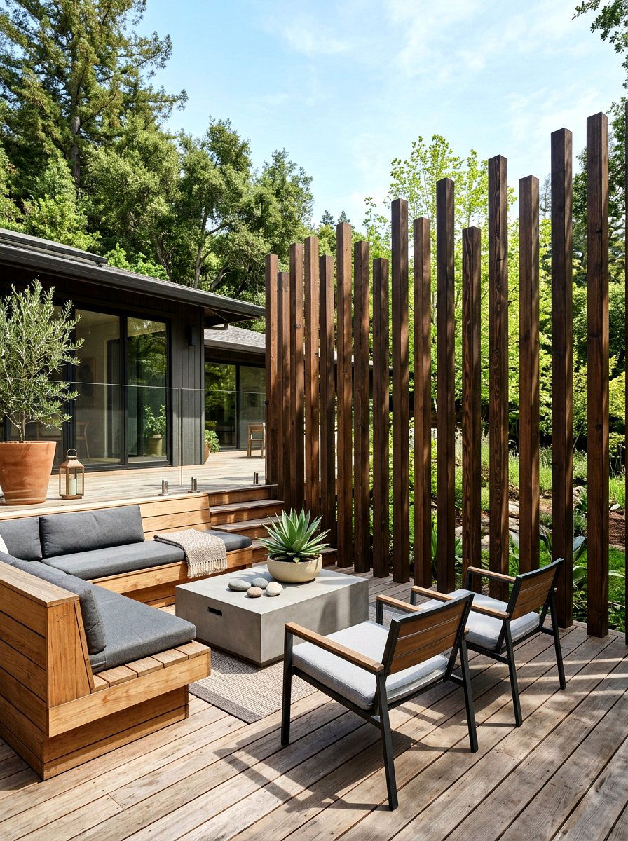Staggered Wood Post Privacy - 30 deck privacy wall ideas
