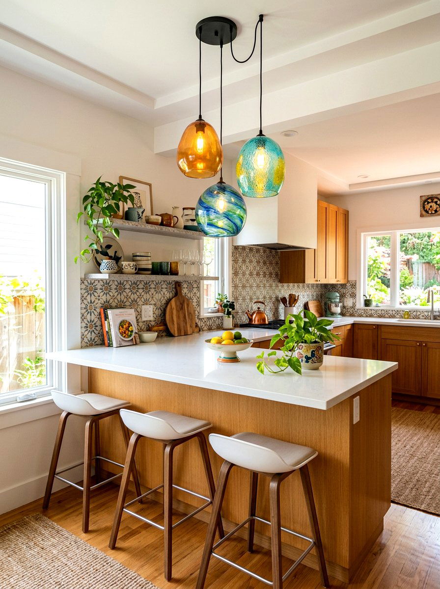 Staggered height pendant layout - 30 island pendant spacing ideas