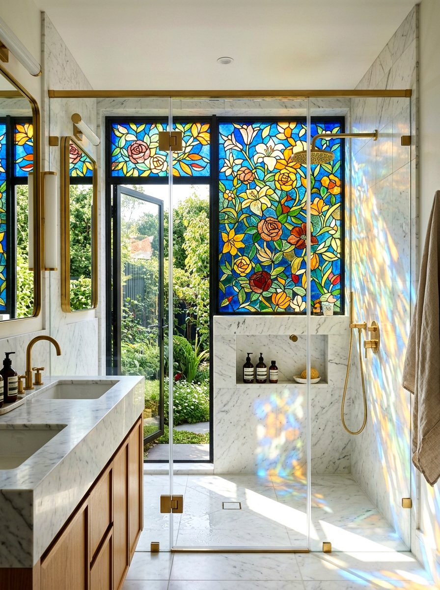 Stained Glass Panel - 30 shower window privacy ideas