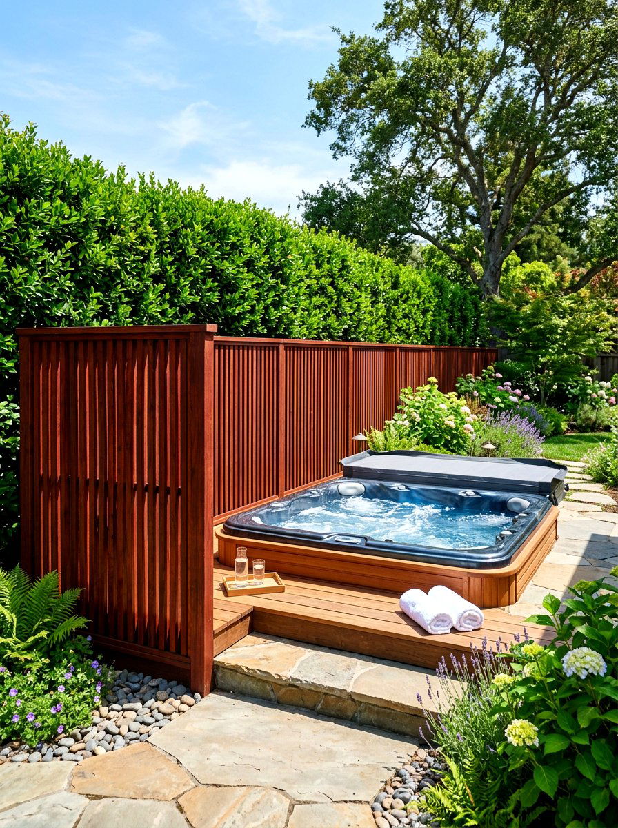 Stained Redwood Slat Fence - 30 hot tub privacy fence ideas