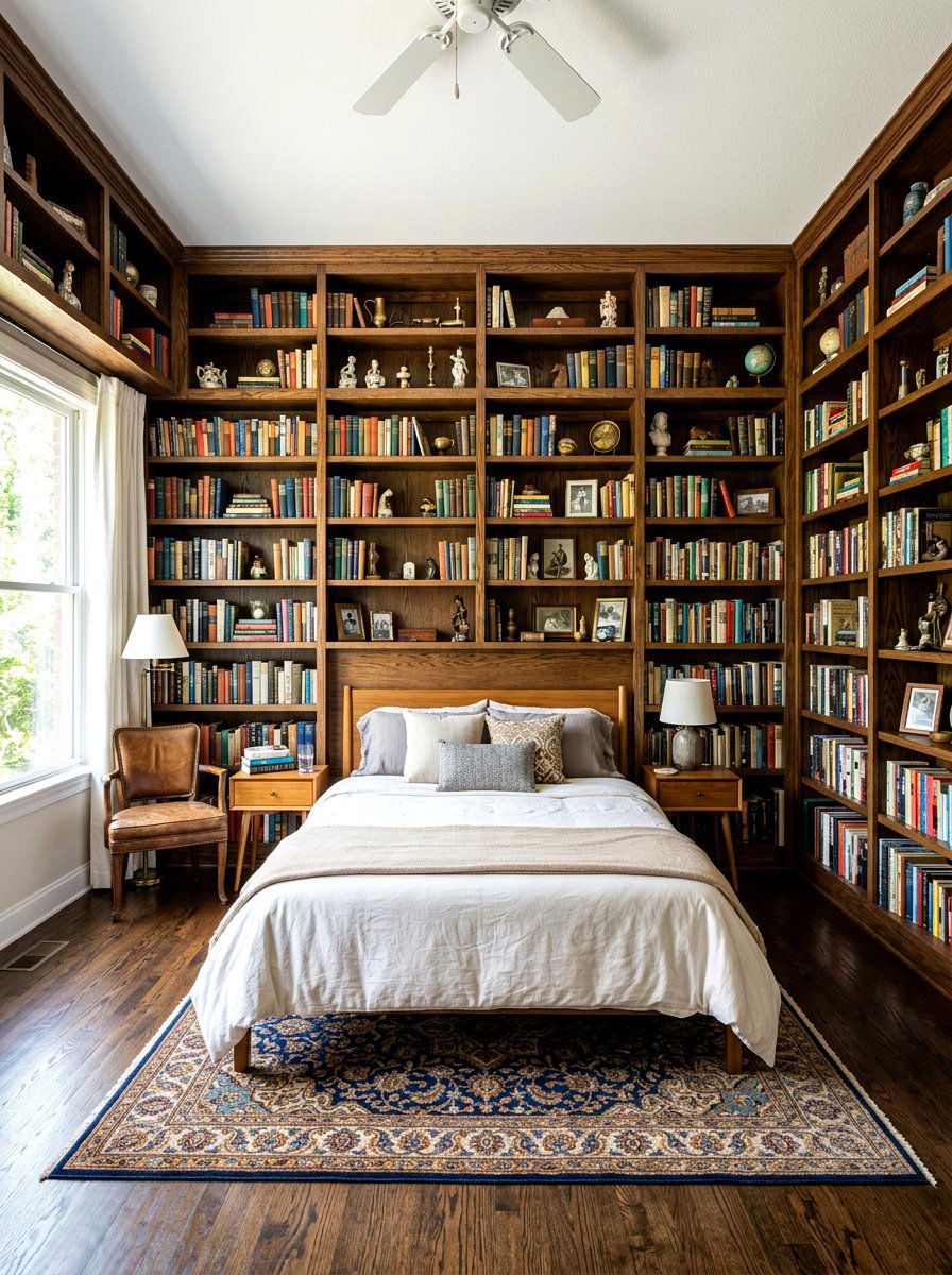 Stained Wood Bookshelf - 30 dark academia bedroom ideas