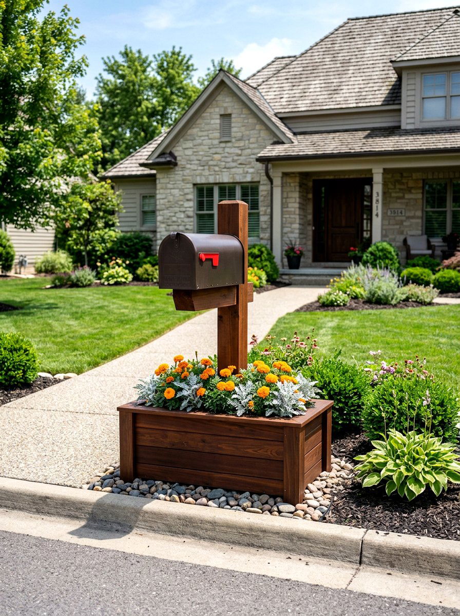 Stained Wood Mailbox Planter - 30 mailbox flower bed ideas