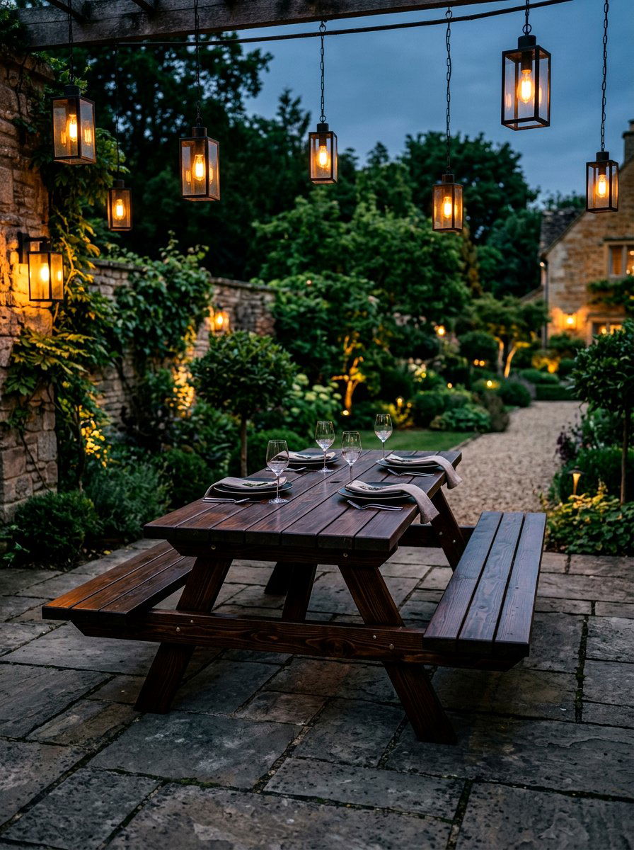 Stained dark wood picnic table - 30 backyard picnic table ideas