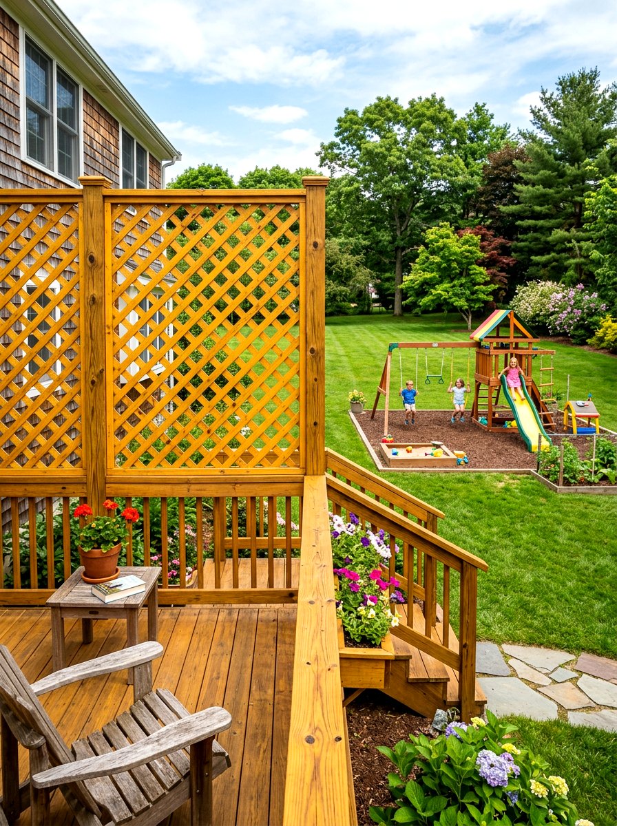 Stained pine lattice - 30 deck skirting lattice ideas