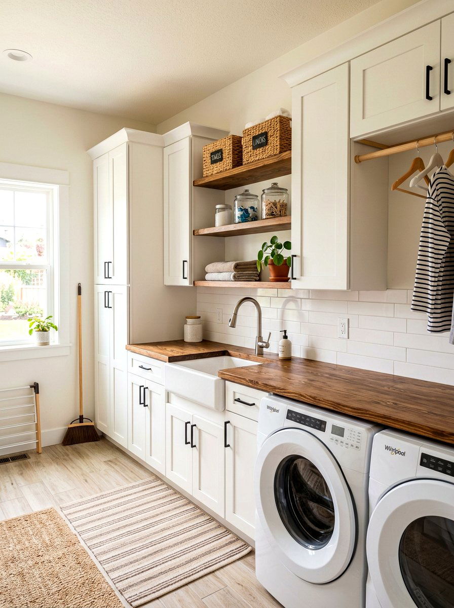 Stained pine laundry surface - 30 countertop over washer dryer ideas