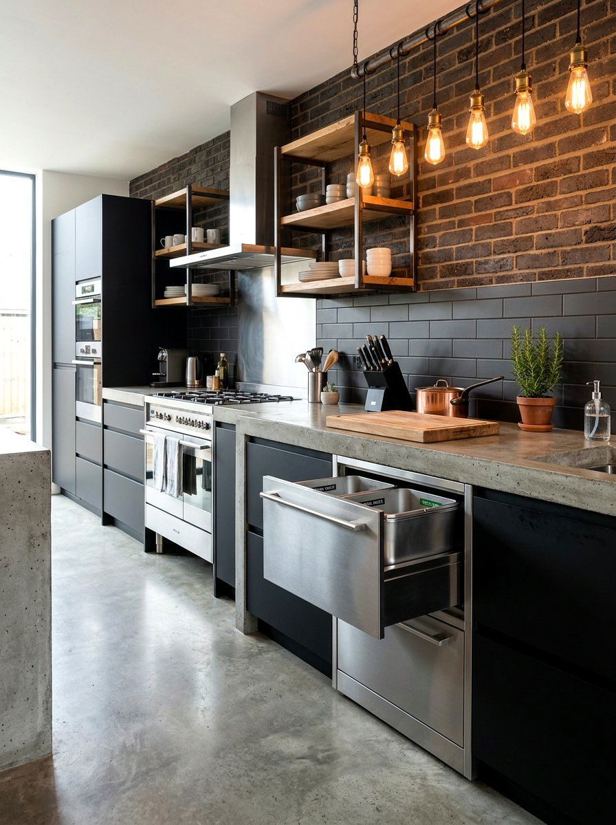 Stainless Steel Integrated Bin - 30 kitchen trash pull out ideas
