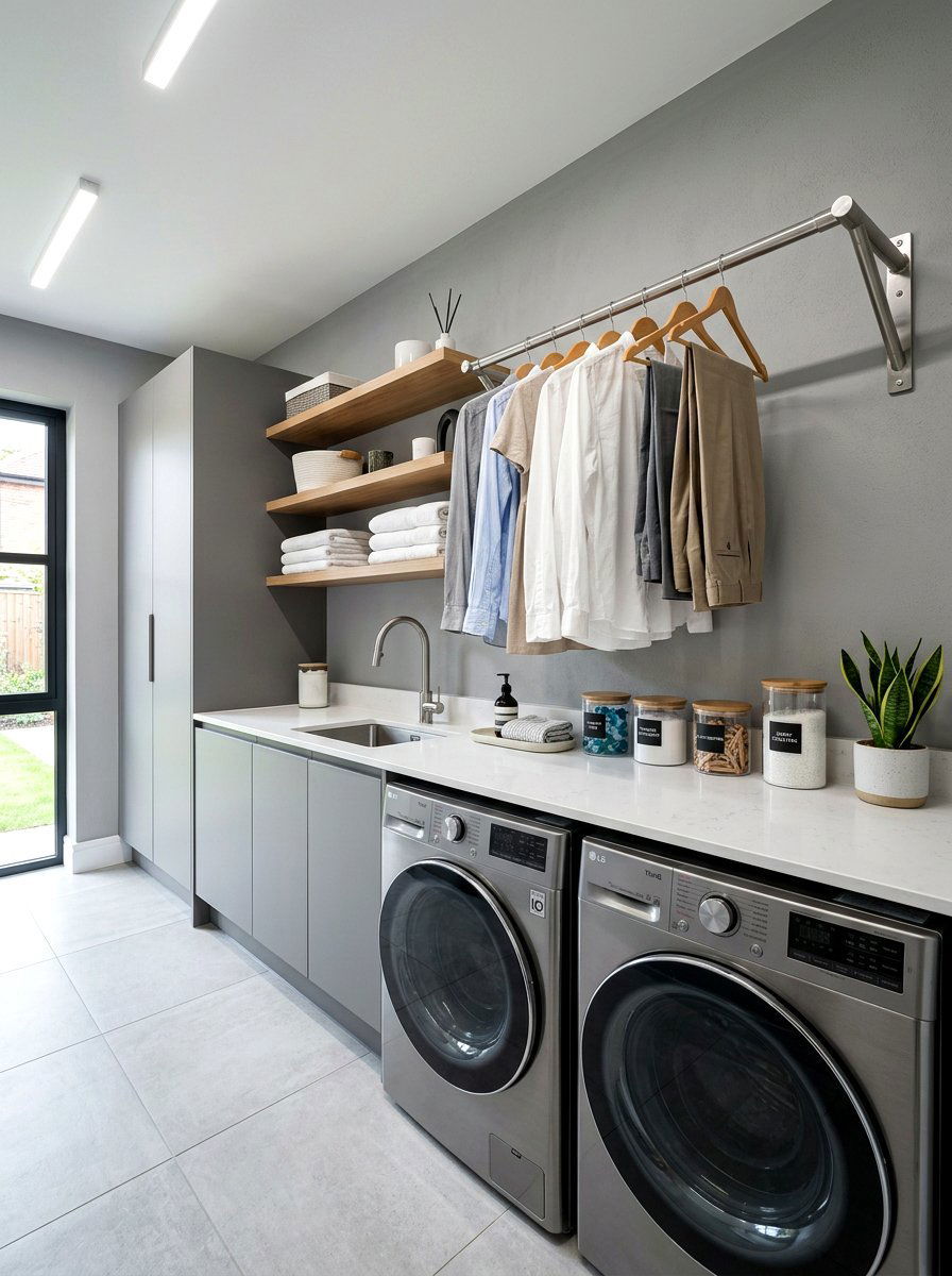 Stainless steel clothes rail laundry - 30 laundry room hanging rod ideas