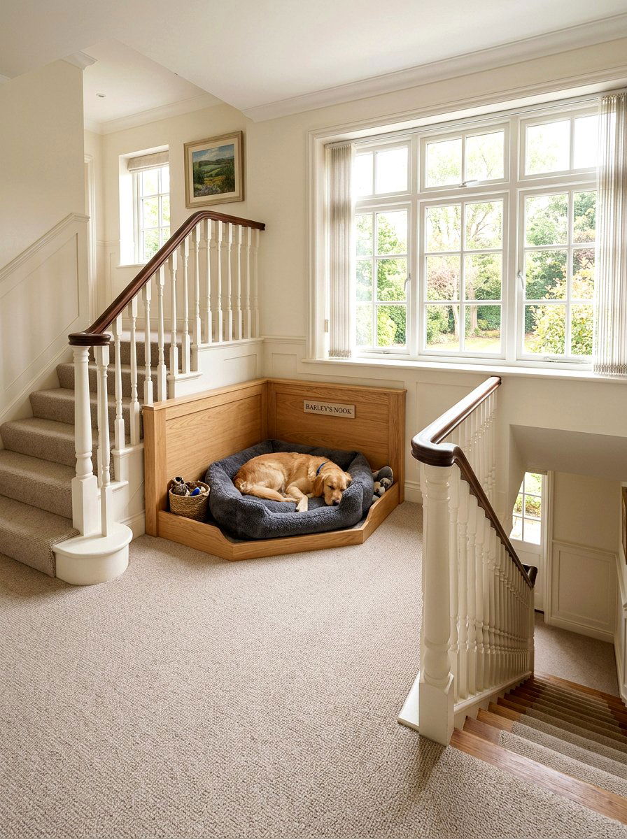 Stair Landing Dog Bed - 30 built in dog nook ideas