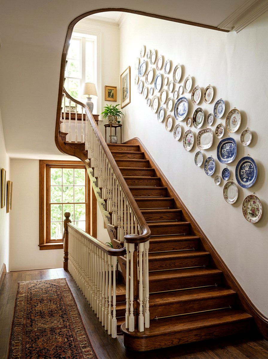 Staircase Ascending Plate Wall - 30 plate wall display ideas