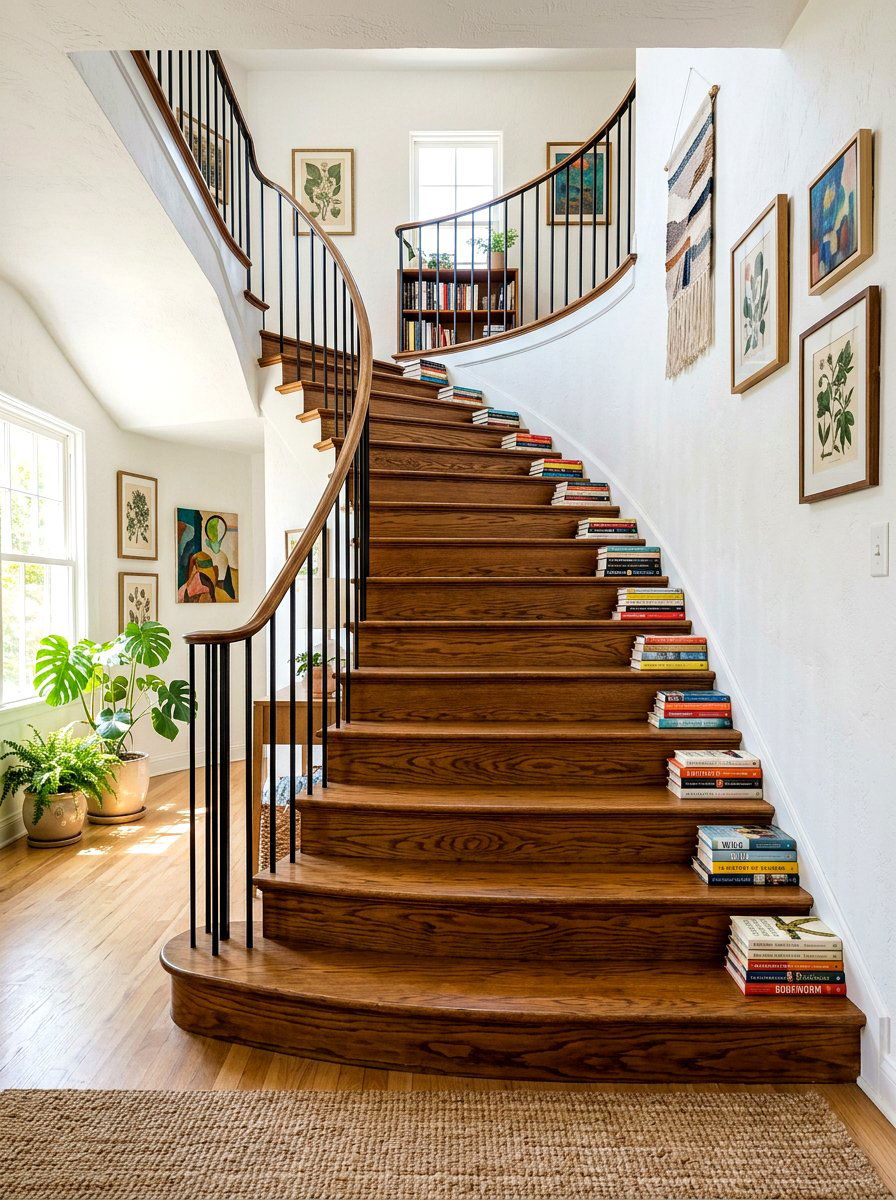 Staircase Book Display - 30 stacked books decor ideas
