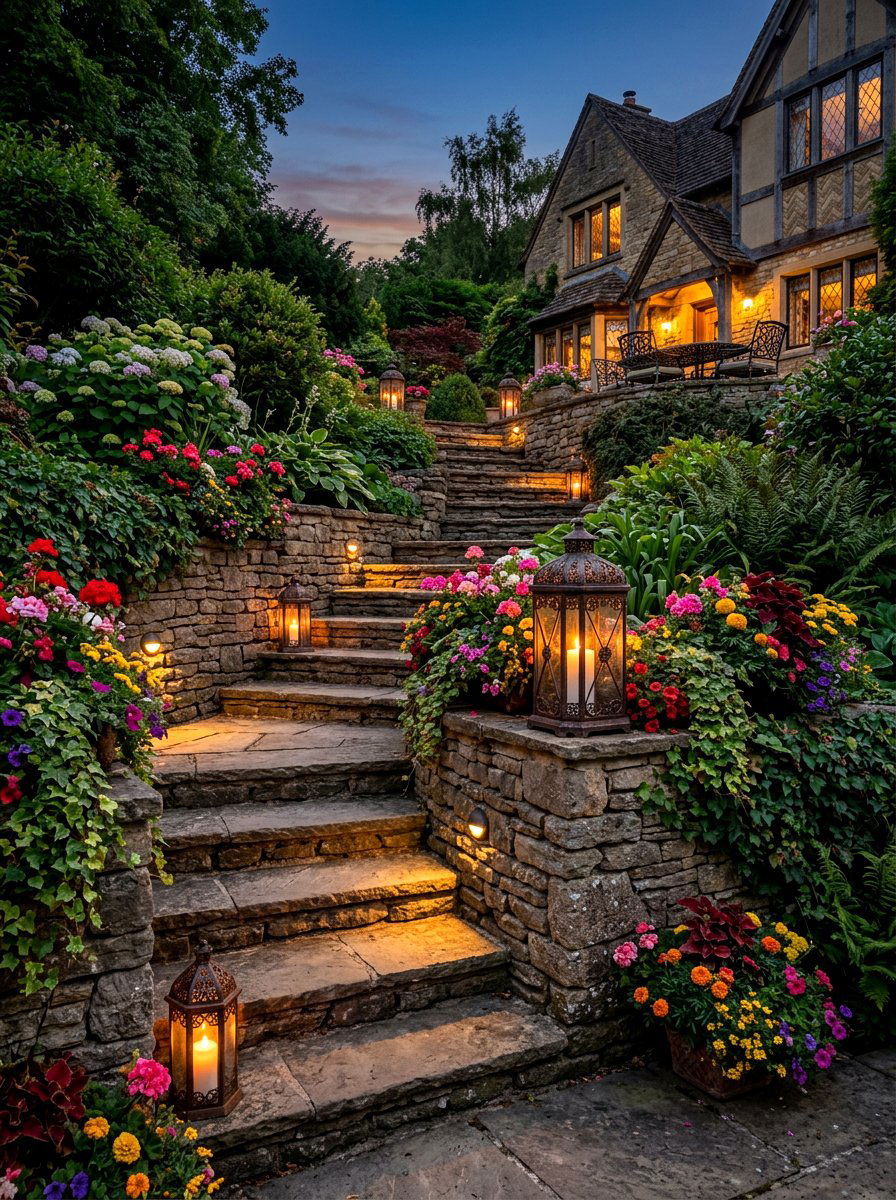 Staircase Candle Lantern Display - 30 candle lantern patio ideas