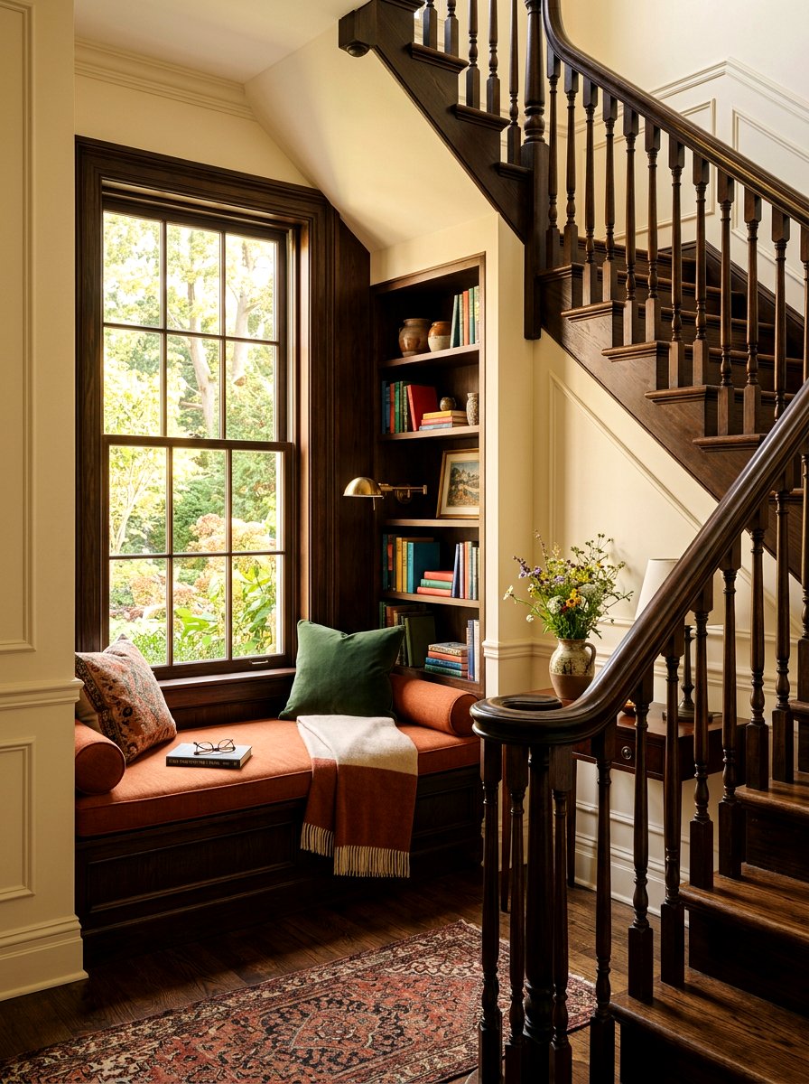 Staircase Landing Reading Nook - 30 window seat bookshelf ideas