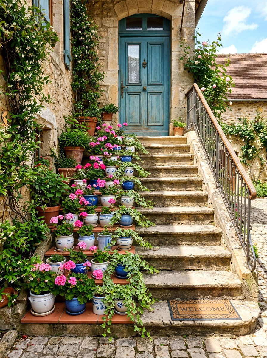 Staircase Plant Display - 30 container garden makeover ideas