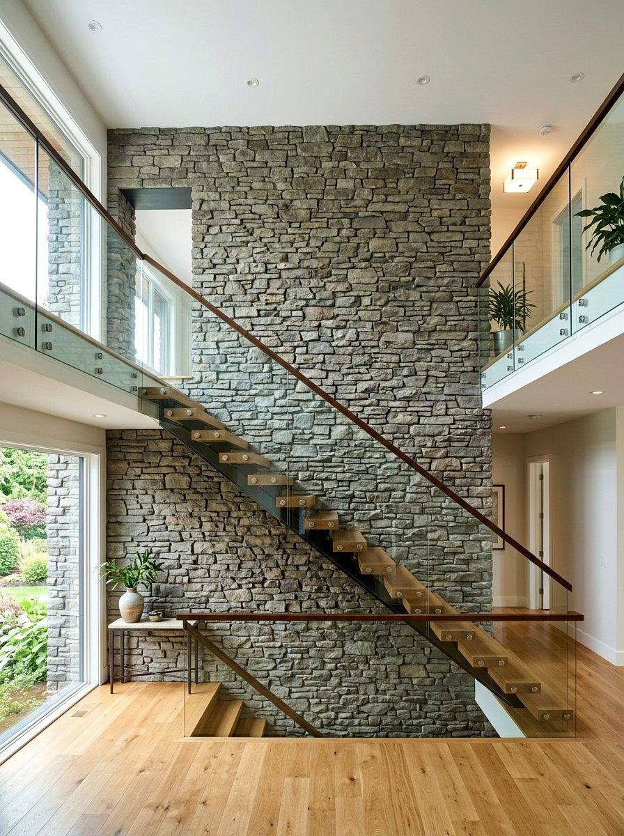 Staircase Stone Wall - 30 stone accent wall ideas