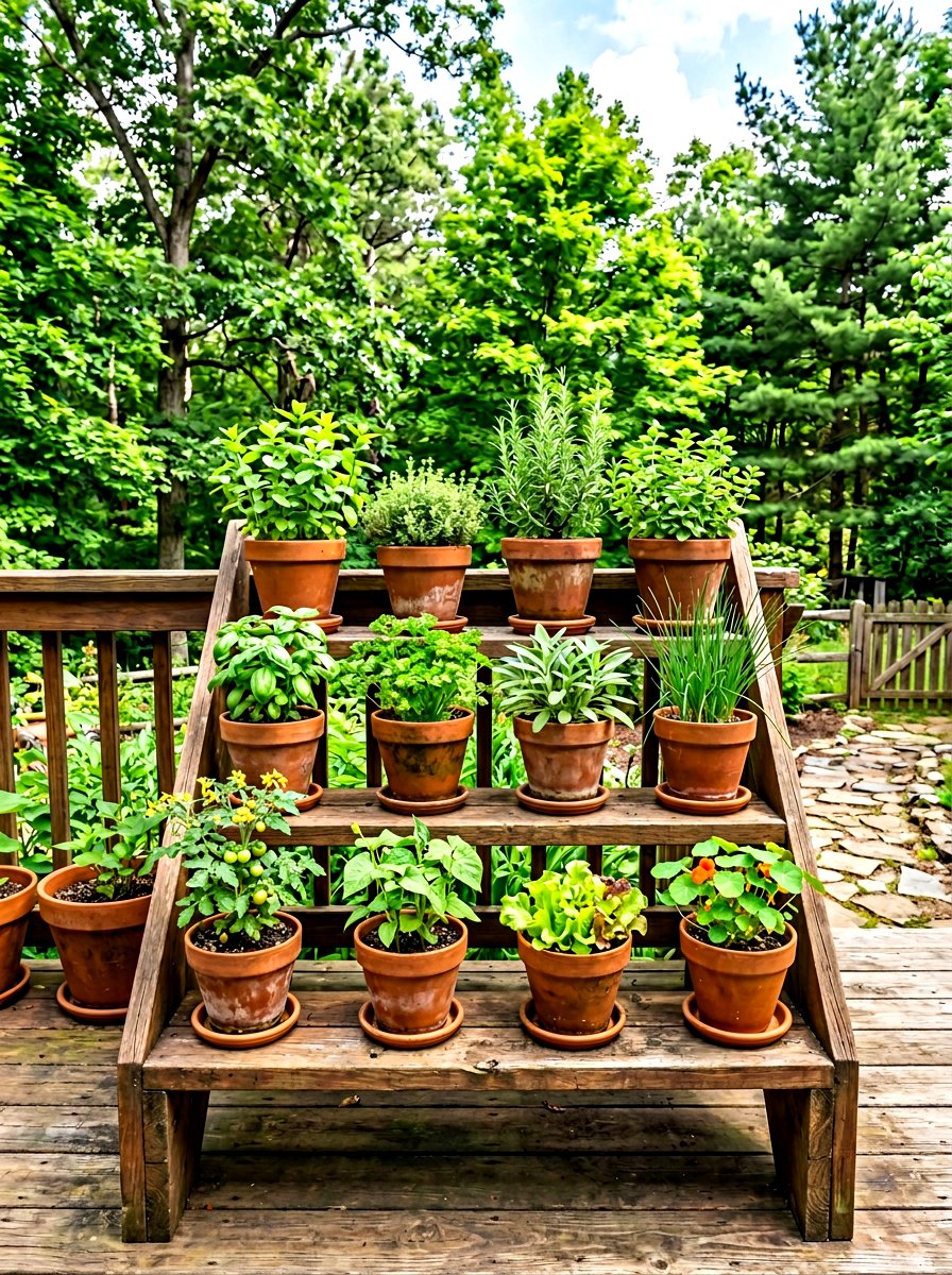 Staircase Tiered Wood Stand - 30 container garden stand ideas