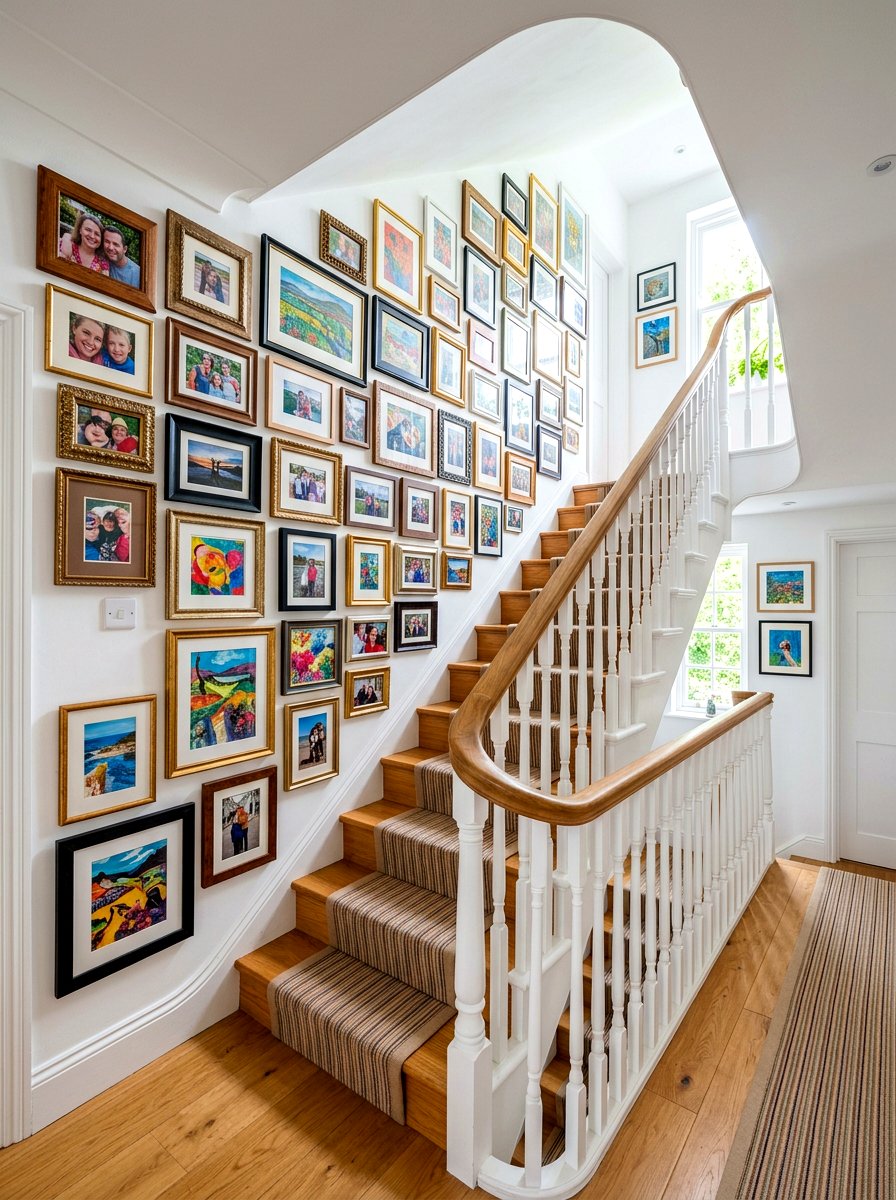 Staircase gallery wall transition - 30 hallway gallery wall ideas