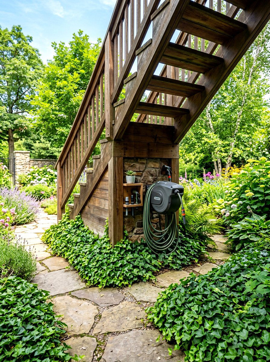 Staircase hose storage space - 30 hose reel hideaway ideas