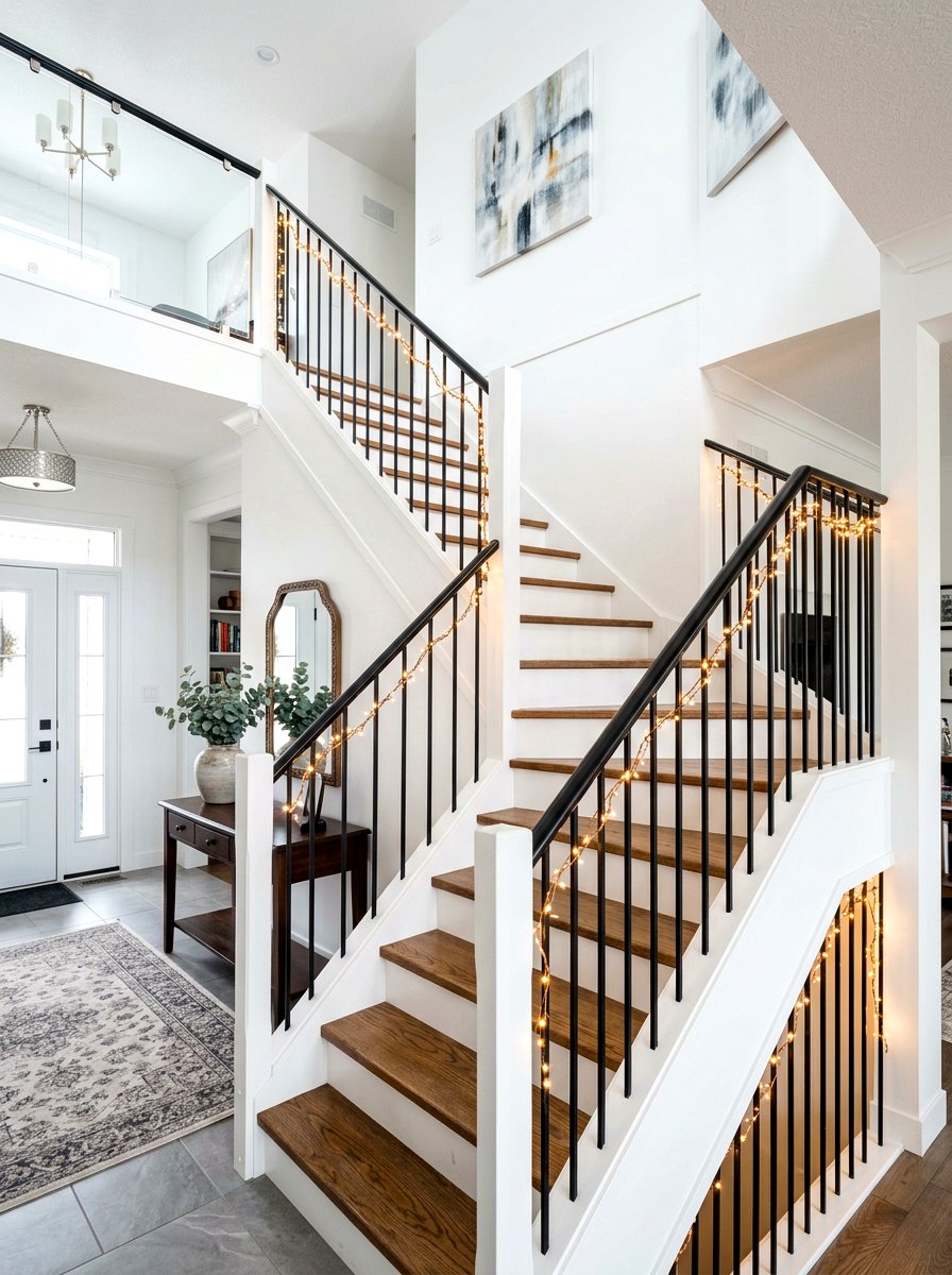 Staircase railing lights - 30 string light ideas