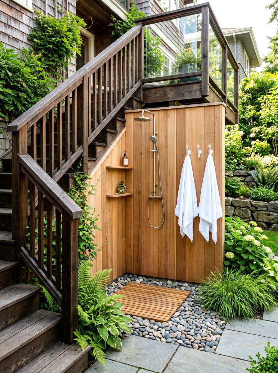 Staircase side shower - 30 outdoor shower summer ideas