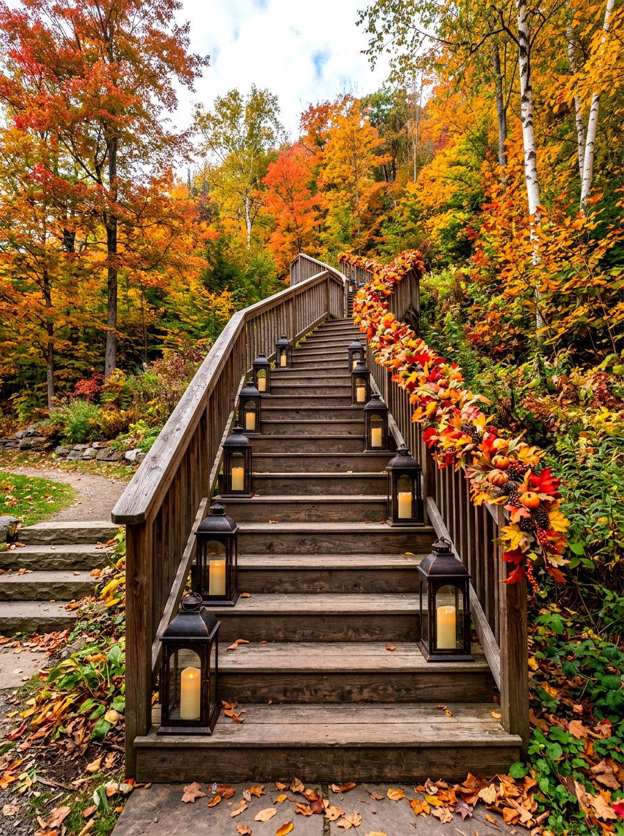 Staircase steps decorated with lanterns - 30 candle heavy fall decor ideas