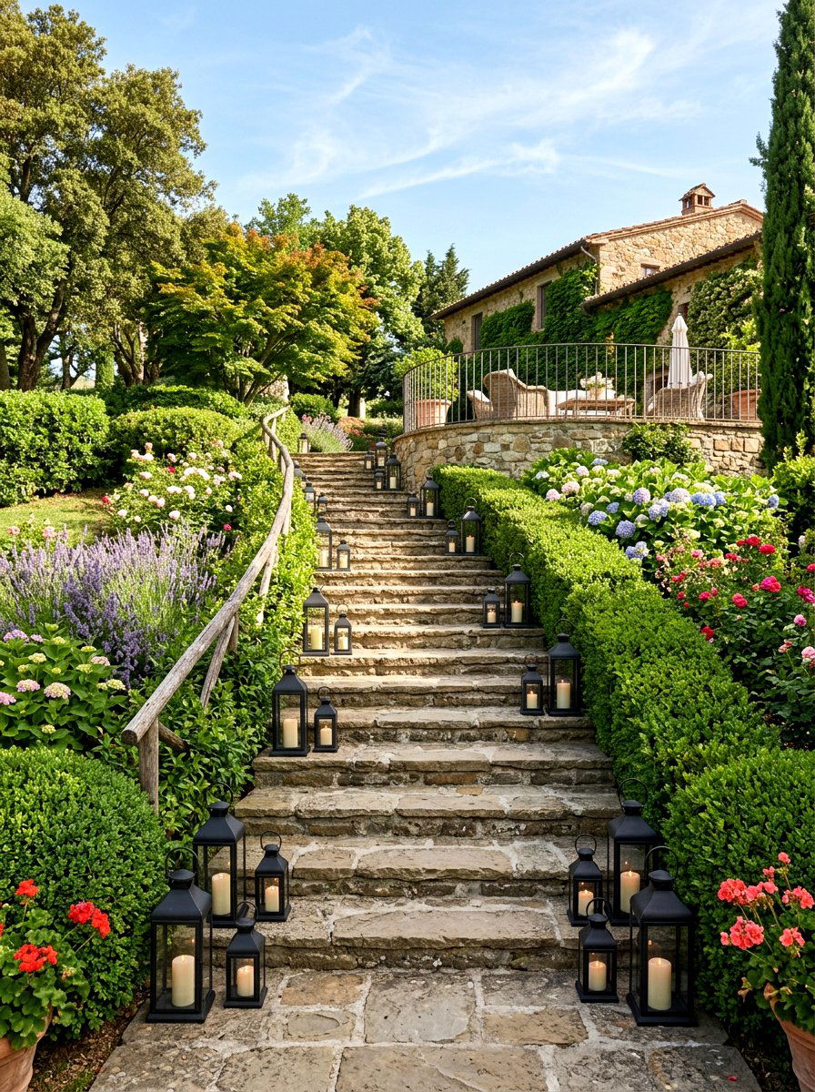 Stairway lantern cluster - 30 lantern patio cluster ideas
