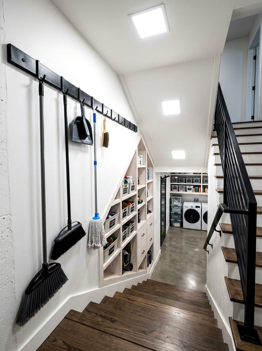 Stairwell Wall Storage - 30 mop broom storage ideas