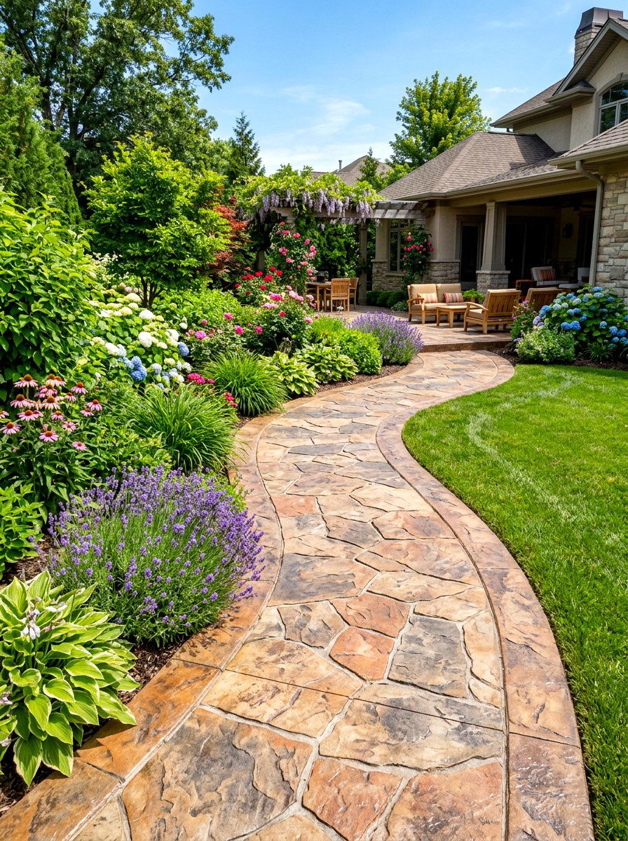 Stamped Stone Border - 30 concrete garden border ideas