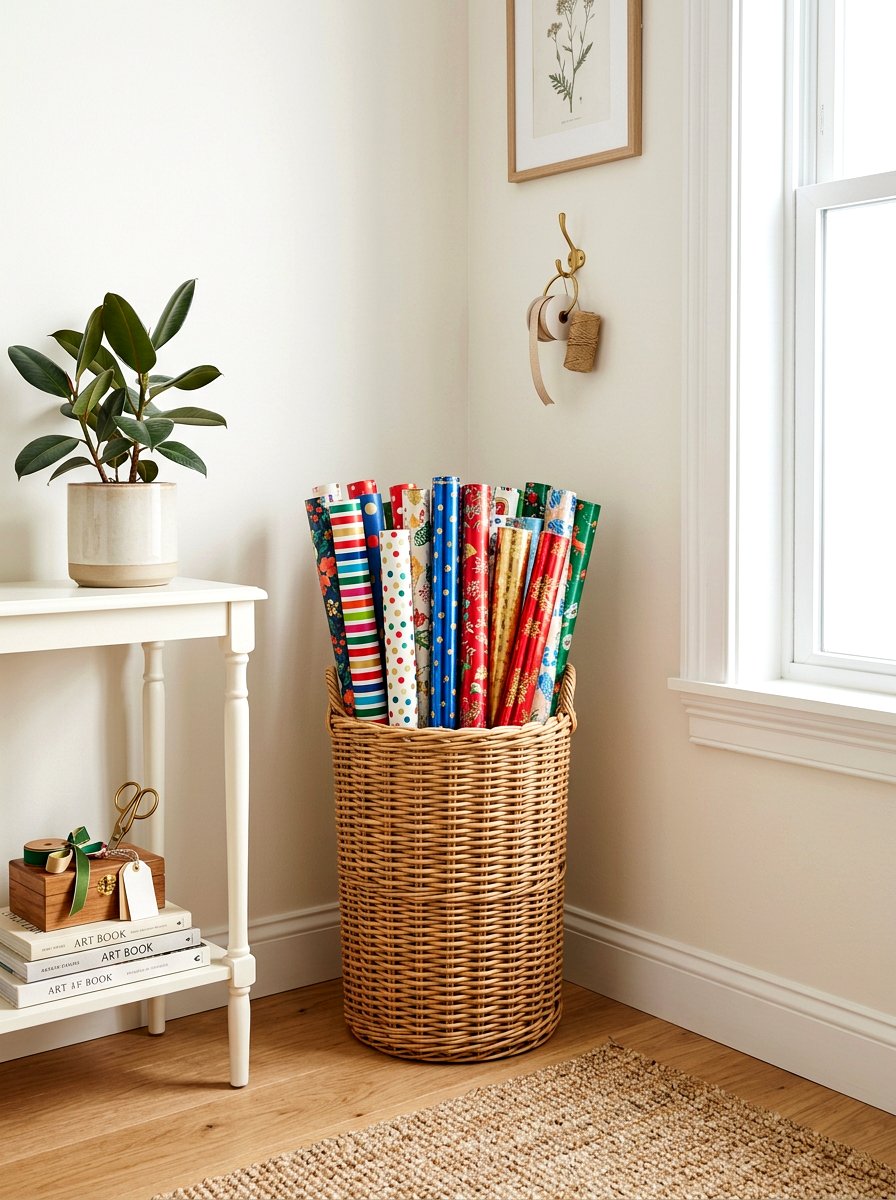 Standing gift wrap bin - 30 gift wrapping station ideas