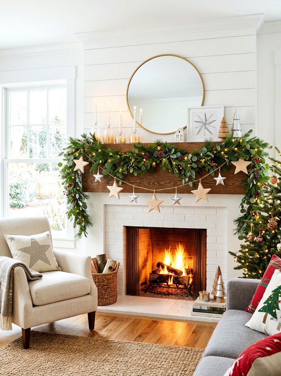 Star Garland Mantel - 30 winter mantel decor ideas