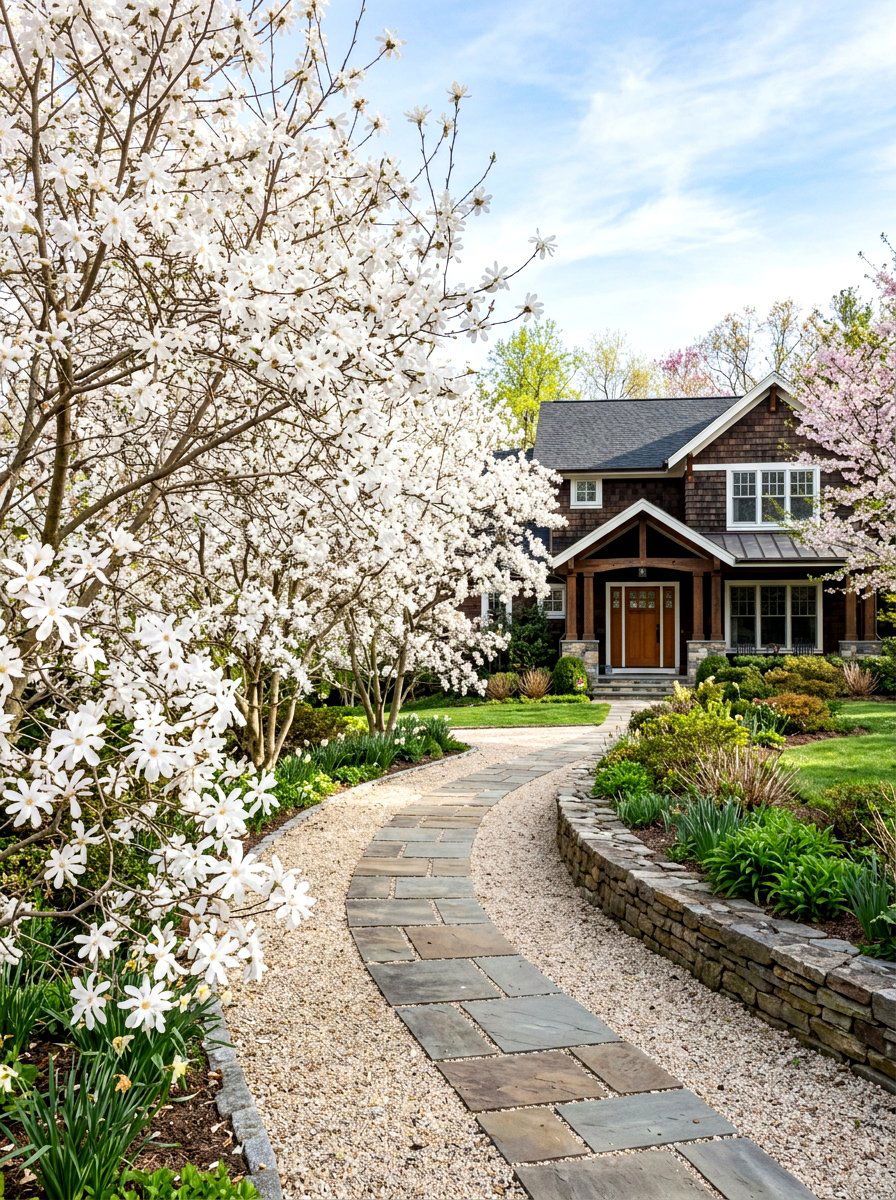 Star Magnolia Along Walkway - 30 magnolia front yard ideas