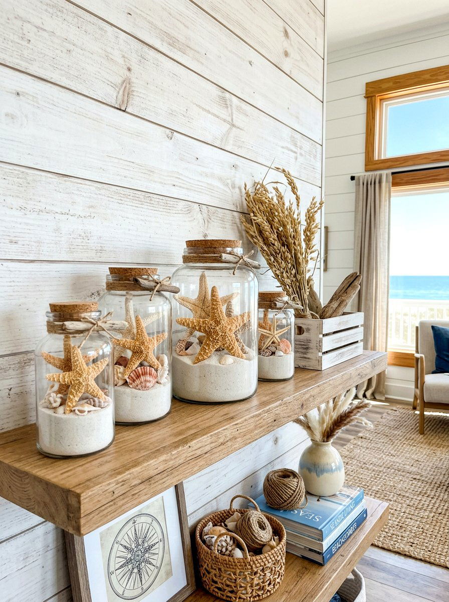 Starfish and sand shelf - 30 summer shelf decor ideas