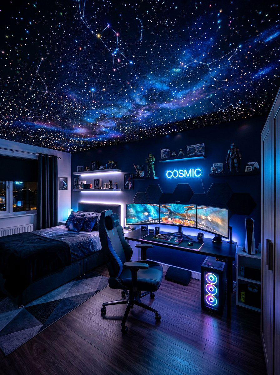 Starry Night Ceiling Gaming Room - 30 gamer bedroom ideas