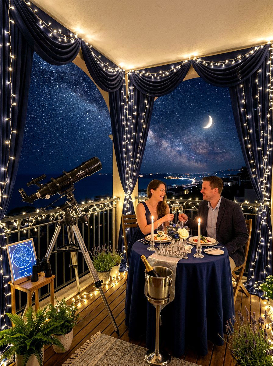 Starry night balcony decor - 30 anniversary dinner at home ideas