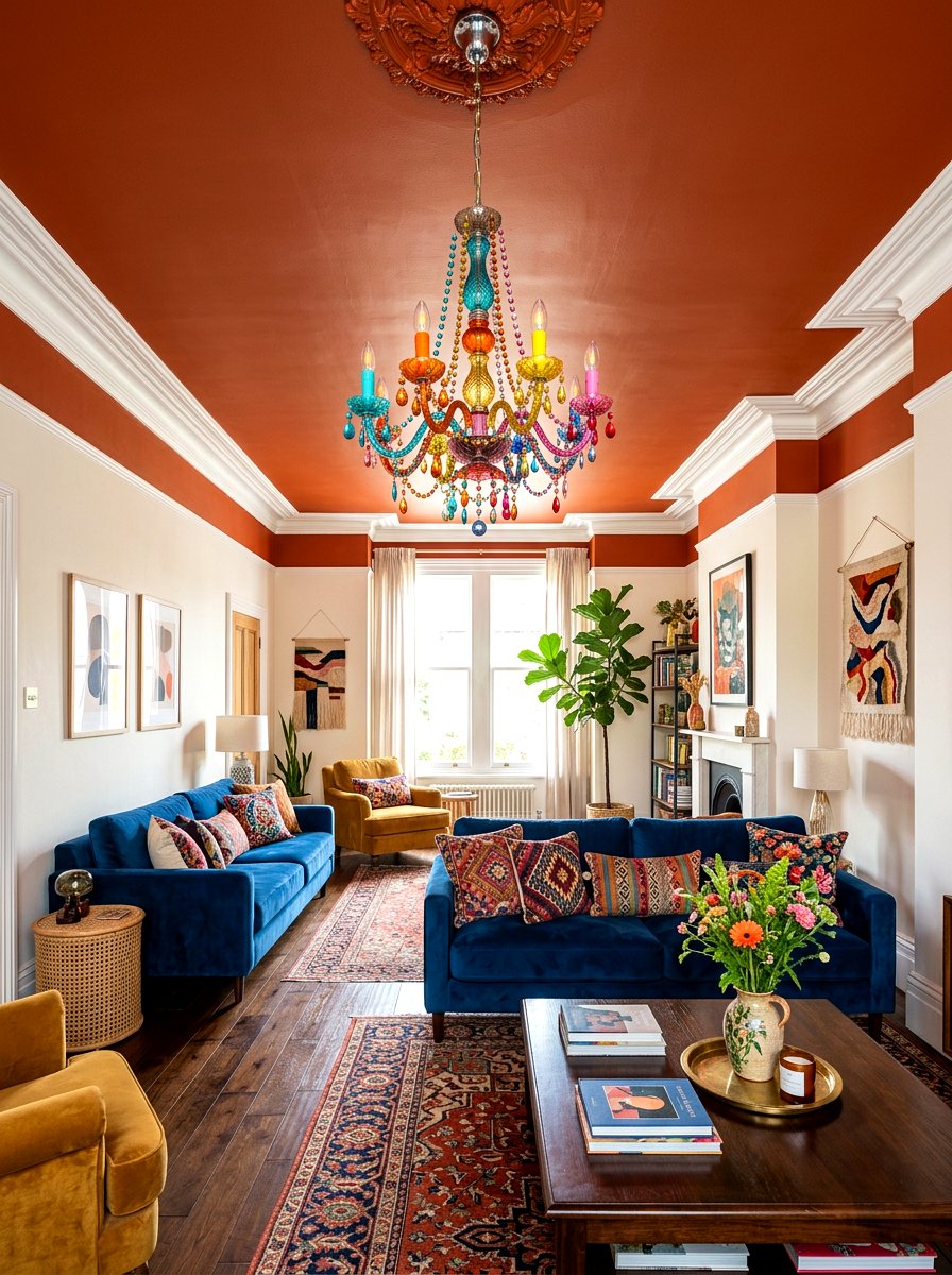 Statement Ceiling Paint - 30 playful maximalist living room ideas