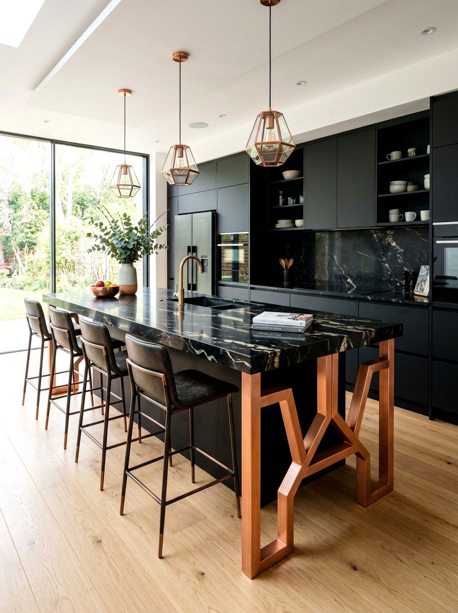 Statement Island With Copper Legs - 30 copper kitchen accent ideas