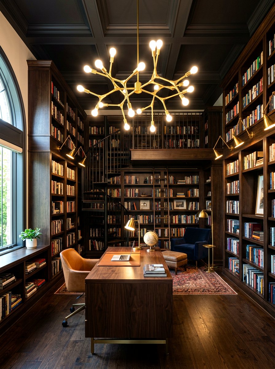 Statement Lighting Library Workspace - 30 office library combo ideas