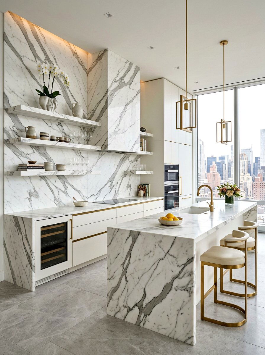 Statuario Marble Kitchen Wall - 30 full slab stone wall kitchen ideas