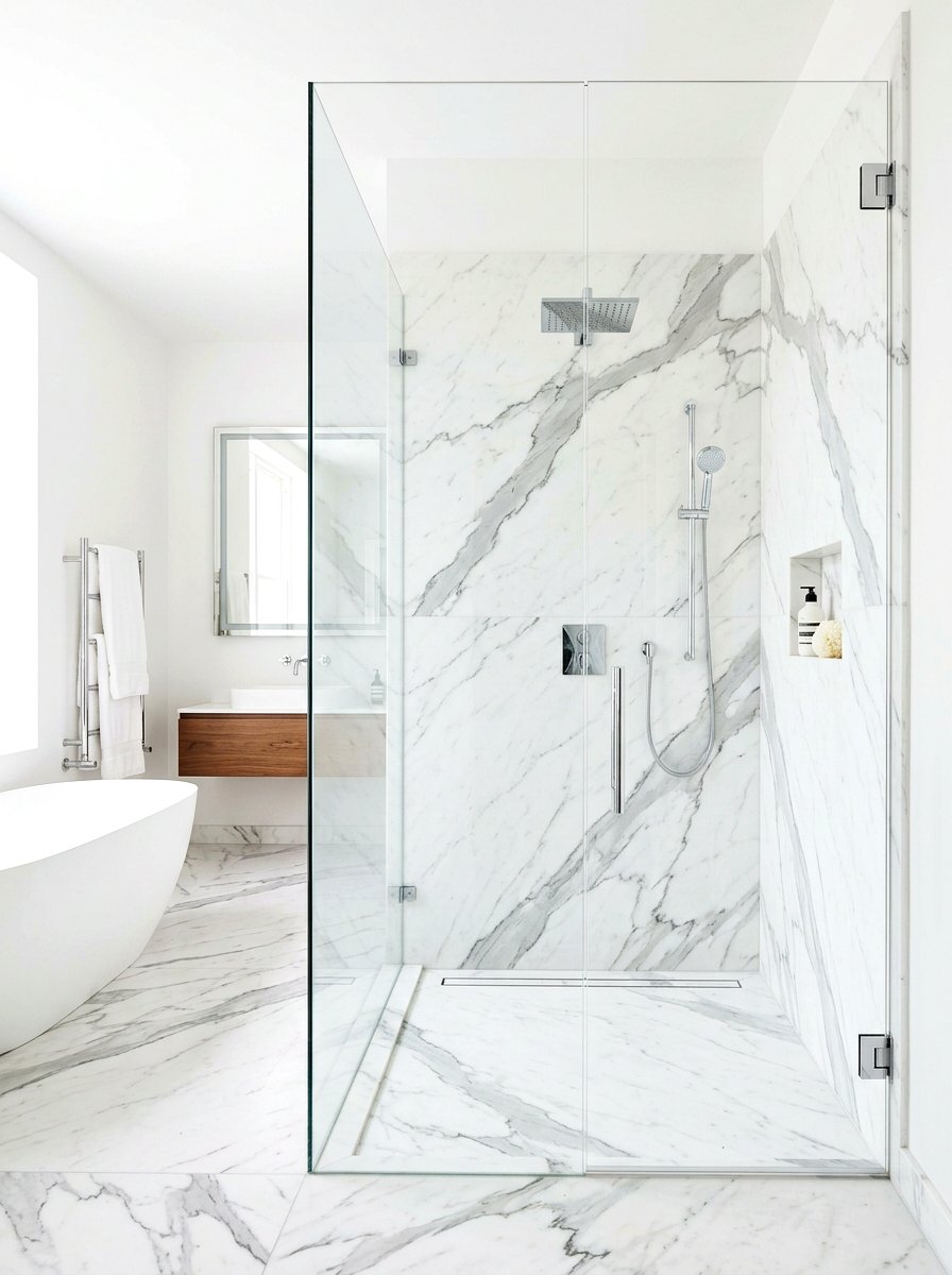 Statuario Marble Shower - 30 stone slab shower wall ideas