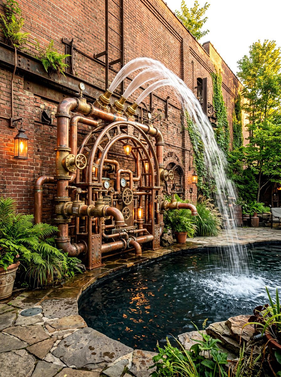 Steampunk Style Pool Waterfall - 30 pool waterfall ideas